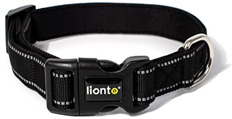 lionto Hundehalsband aus strapazierfähigem Nylon, Größe S, weiches gepolstertes Halsband für Hunde, 360° reflektierend & Klickverschluss, Metallring & Anpassung durch stufenlosen Schieber, schwarz