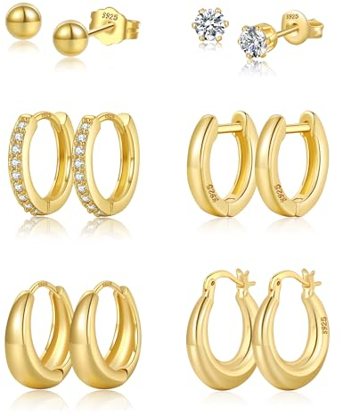 6 Paar Ohrringe Gold Set,14k Echt Vergoldete Creolen und Ohrstecker Gold für Damen Hypoallergen Knorpel Huggie Creolen Klein und Kugel Zirkonia Ohrstecker für Mehrere Ohrlöcher