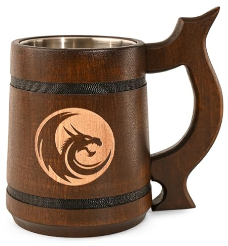 TESLYAR Bierkrug mit Gravur 0.6 L aus Eichenholz Braun - Mittelalter Wikinger Becher mit Drachengravur | Drachen Maßkrug, Bierfass Miniatur für Bier | Ideale Bier Geschenke für Männer und Frauen