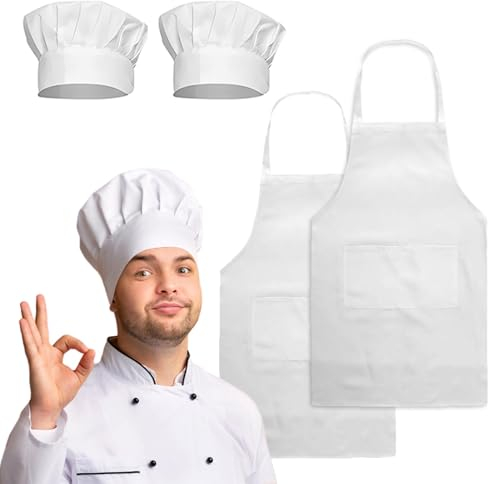 Anwangda Juego de 4 delantales de cocina y gorro de cocinero, delantal de cocina ajustable con 2 bolsillos, delantal infantil para hombre y mujer, delantal multiusos para cocinar, hornear, pintar,
