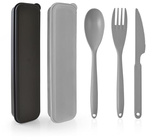 CUNTAUK Travel Cutlery Set with Case, Big Portable Cutlery Set Reusable Plastic Forks Spoon Tableware, Camping Cutlery Set for Travel Picnic Outdoor Office School Lunch Box or Daily Use (Black Gray)