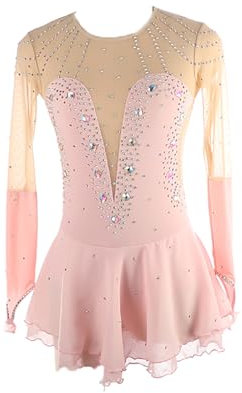 VVieer Mädchen Frauen Handgefertigt Eiskunstlauf-Kleider Langarm Eislaufen Kristalle Elastic Fabric Handmade Ice Skating Dress (XS,Pink)