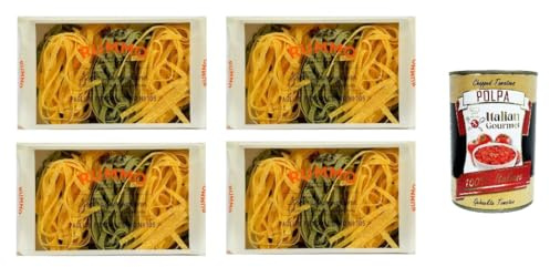 Italian Gourmet pasta all'uovo paglia e fieno N° 105 4 x 250g Stroh und Heu | Bicolore rustico; italienische Eiernudeln, fest im Biss, per ragù bianco, Gesamtnettogewicht 1 kg + Kostenlos Polpa 400g