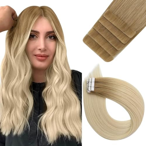 Easyouth Inject Tape Extensions Echthaar Virgin Haar Tape in Extensions Balayage Blond Tape in Extensions Echthaar Honigblond bis Platinblond 12T60 55 cm 12.5g 5pcs