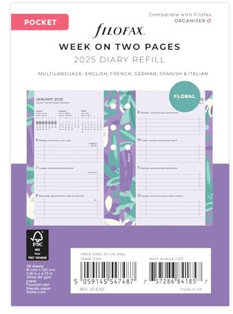 Filofax Agenda settimanale 2025 con motivo floreale illustrato, 2 pagine