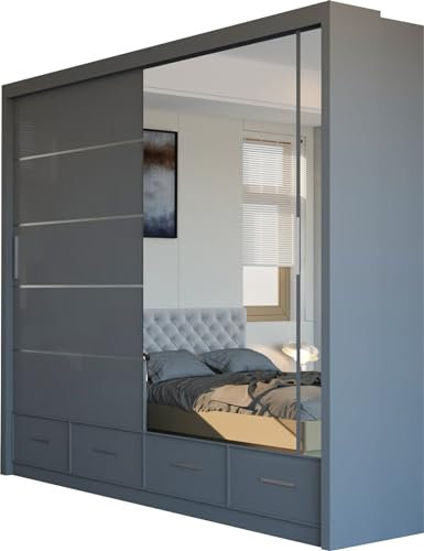 Hackney Modern Elegant High Gloss & Mirror Sliding Door Wardrobe with Extra Space and Elongated LED Light (Grey, 203)