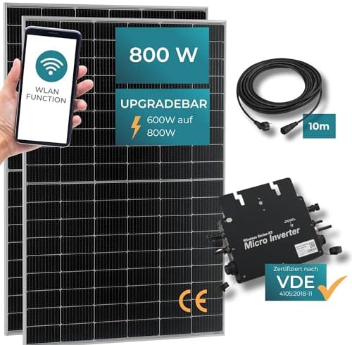 pro.tec Balkonkraftwerk Brusson 800W Solaranlage mit Wechselrichter mit App und WiFi 10m Kabel Komplettset mit 2x400W Solarmodulen Photovoltaik Plug+Play