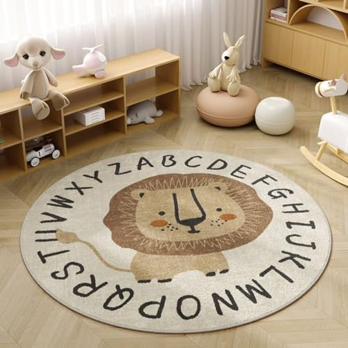 Viusneun Kinderteppich, Rund Kurzflor Wildtiere Teppiche Weich Waschbare Teppich Krabbeldecke rutschfest Teppiche fürs Babyzimmer Kleinkinderzimmer Wohnzimmer Schlafzimmer (Löwe,80cm)