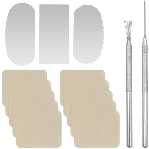 10 Pcs Pre Cut Chamois Cloth + 3 Sculpture Pottery Molding Scraper Cutter + 1 Clay Ceramic Needle + 1 Feather Wire Texture Detail Tools Crafts,Clay Pottery Tools Trimming Mud Smoothing Pot Rim Kit