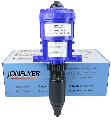 JONFLYER GEN Ⅱ 1-10% Fertilizer Injector Adjustable Chemical Liquid Dosing Pump,13.21 GPM,POM Housing,Water Powered Liquid Dispenser for Drip Irrigation Garden Greenhouse Livestock Water Well