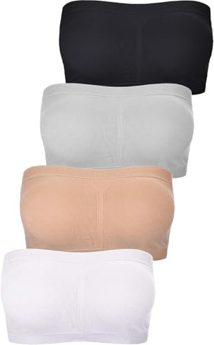 YINNORE Women Bandeau Bra Padded Strapless Brarette Soft Bra Seamless Stretchy Bandeau Tube Top Bras 4 Pieces (Black, White, Nude, Grey) (UK, Alpha, S, Regular, Regular, M)