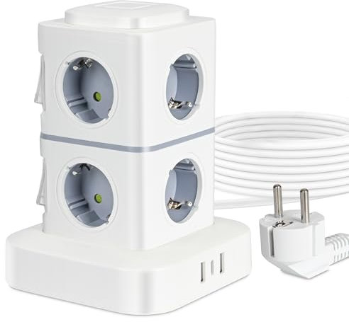 Steckdosenleiste Steckerleiste Mehrfachsteckdose Strom, 8 Fach Mehrfachsteckdose Überspannungsschu, Steckdosenleiste mit 2 x USB+1 x Type-c, 3M Verlängerungskabel Steckdosenturm für Zuhause,Büro