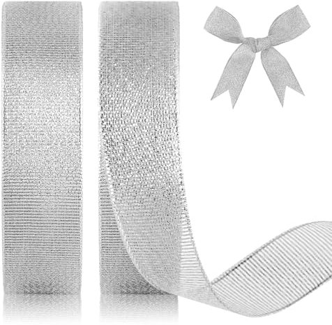 GXFCING Organzaband Silber 20mm Breit, 44 Meters Glitzer Geschenkband Weihnachten Schleifenband für Geschenkverpackung, Bastelarbeiten, Geburtstag, Taufe, Hochzeit