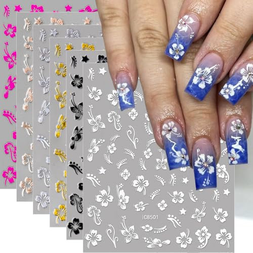 8 Blätter 3D Hibiscus Nail Sticker Hibiskus Nagelsticker Blumen Nagelaufkleber Selbstklebend Hibiskusblüten Nagel Stickers Blume Nagel Sticker Nageldesign Zubehör Flower Nail Art Stickers Nail Decals