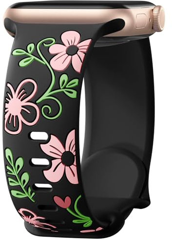 Mastten Cinturino floreale compatibile con Apple Watch, cinturino da donna in morbido silicone per iWatch SE 44 mm, 45 mm, 46 mm, 49 mm, grazioso fiore inciso, per iWatch Series 10, 9, 8, 7, 6, 5, 4