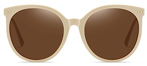 DUCO Retro Sonnenbrille Damen Polarisierte Runde Sonnenbrille Vintage UV400 Schutz Acetat Rahmen DC2340 (Beige Rahmen Braun Linse)