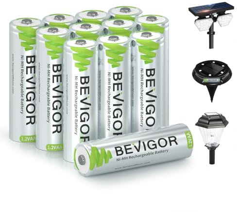 BEVIGOR Lot de 12 piles rechargeables AA pour lampes solaires