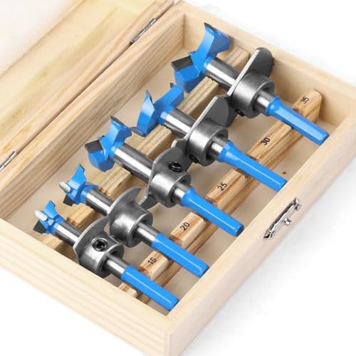 Auger Opener Hex Shank Hinge Boring Drill Bit Set for Woodworking, 5PCS 15mm-35mm Adjustable Forstner Drill Bit Set with Carbide Tip for Hardwood, Softwood, Plastic, Plywood