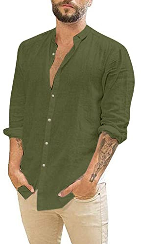 Rodawu Mens Shirts Long Sleeve Cotton Linen Shirts Casual Summer Shirts Lightweight Beach Tops Fashion Green Shirt L
