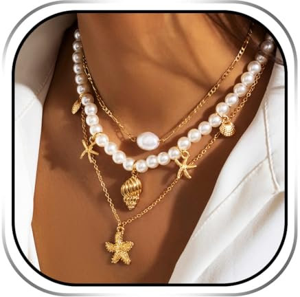 Handcess Collier bohème superposé en perles dorées avec pendentif étoile de mer pour femme, taille unique, Étoile de mer, coquillage, perle, Pas de gemme