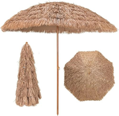 GOPLUS Parasol de Jardin Exterieru en Chaume PP avec Toit, 2,4M Parasol Paille de Style Hawaïen Tropical 8 Baleines, 7 Couches, Anti-UV, Parasol pour Plage Patio Terrasse, Base Non Inclus