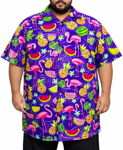 King Kameha Hawaii Hemd Männer Plus Size - Funky Hawaiihemd Herren Kurzarm mit Flamingo-Melonen Print - Ideal für Urlaub & Strand