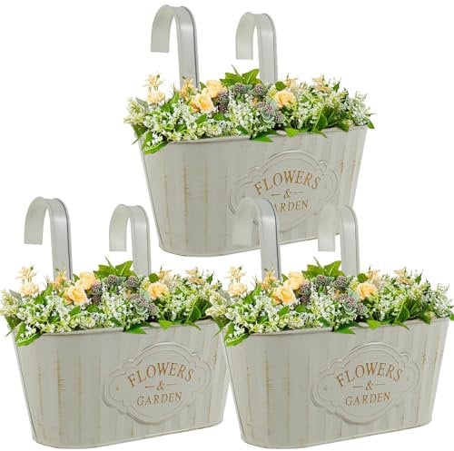 3 vasi da fiori da appendere in metallo, ovali, con drenaggio, facili da installare, antiruggine, per balcone, vasi da fiori decorativi in ferro, per ringhiera, balcone, recinzione, patio