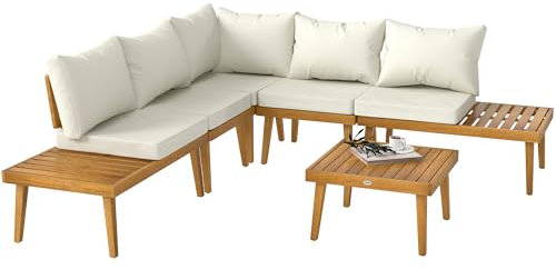Outsunny Gartenmöbel Outdoor Eckgarnitur 5-Sitzer modular aus Akazienholz mit Sofas und Couchtisch, inkl. Lattenrost und Kissen, Gartenmöbel Terrasse Veranda, cremefarben