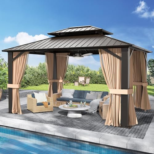 SOLUMIA Gazebo Hardtop, 3,5 x 30,5 m, doppio tetto in acciaio zincato con telaio in alluminio, padiglione esterno con reti e tende