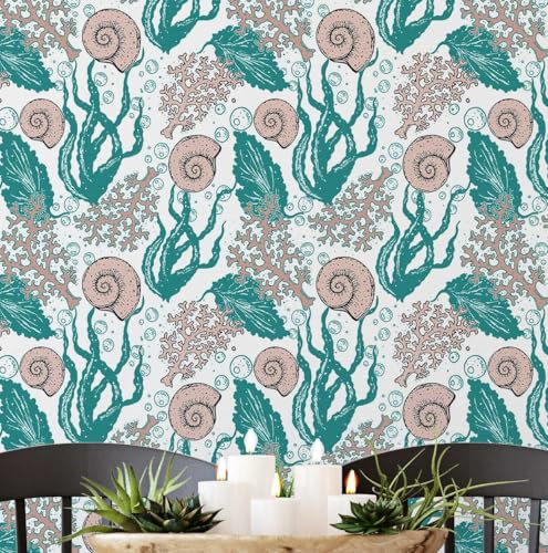S4Sassy Revestimiento de pared autoadhesivo, con algas y conchas submarinas, removible. Mural texturizado verde para renovar paredes de baño, lavadero y armario. Vinilo autoadhesivo de 63 x 61 cm.