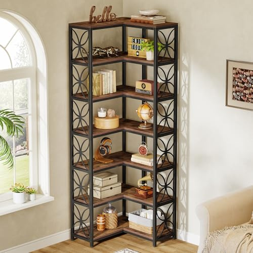 Tribesigns Eck-Bücherregal, 7-stöckig, L-förmig, Rustikales Braun & Schwarz | Holz mit Metallrahmen, 200 cm Hoch, Eckregal Stehend, Für Wohnzimmer, Küche, Büro