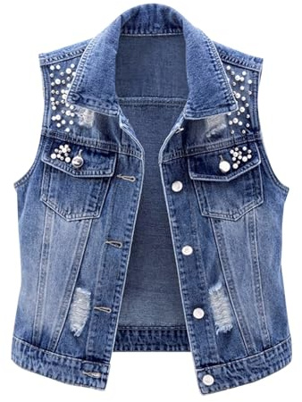HUIFUAO Denim-Jacken für Damen, Übergröße, ärmellos, Jeansjacke, trendige Strass-Denim-Weste, Shacket Distressed Trucker-Mantel, Weste mit Tasche