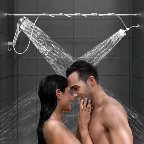 TUPOSTAR Pommeau De Douche Double, Pommeau De Douche Double pour Couple, Haute Pression Et RéGlable, SystèMe De Douche Tandem,Argent