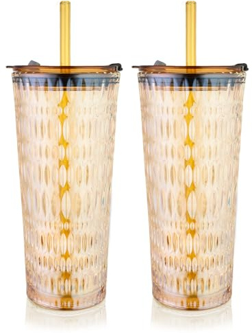 Puraville 2 Pack 550ml Glass Cups with Lids and Straws, Amber