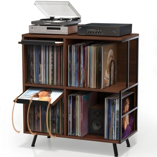 Faesun 3 Tier Record Player Stand, Flip Top Record Player Table Holds up to 300+ Albums, Large Mid Century Turntable Stand, Record Storage Cabinet for Speakers, for Living Room Bedroom, Walnut