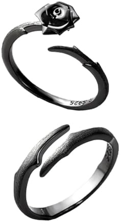 WATIIFUFU Anelli di Coppia in Argento 925 Design a Rosa, 2 Pezzi, Stile Semplice e Creativo, Colore Nero, Comodi e Abbinabili, per Occasioni Speciali