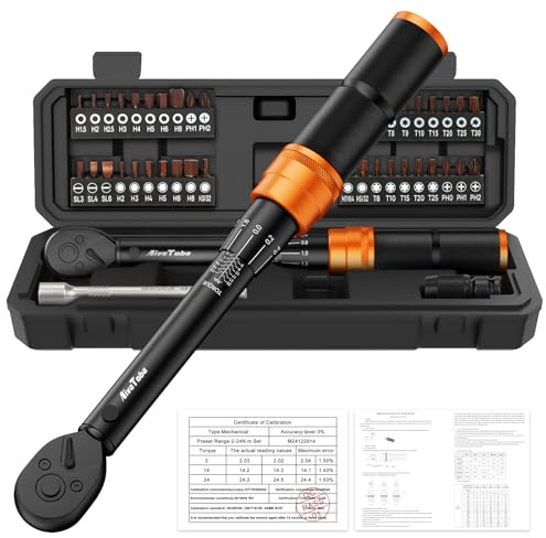 AivaToba 43PCS 1/4 Bike Torque Wrench Set 3-25Nm, Bicycle Tool Kit | 43PCS ±3% Click Wrench with 41 Sockets & Bits, Universal Joint & Extension Bar for MTB & Road Bike