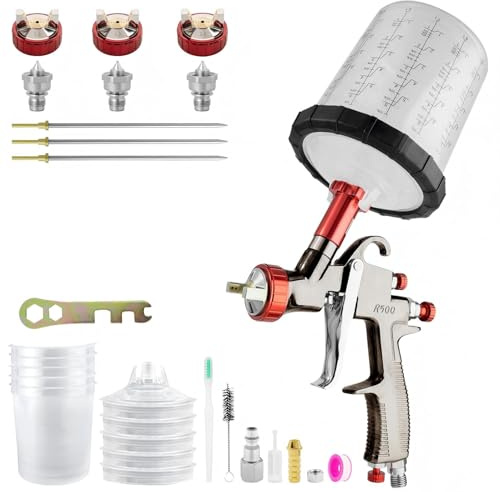 SRQ R500 LVLP Pistolet à Peinture avec de 1,3/1,7/2,0 mm Kit de Pistolet, Comprenant Un Godet de mélange de 650 ML et 5 Godets jetables ; Pistolet à Peinture pneumatique Professionnel