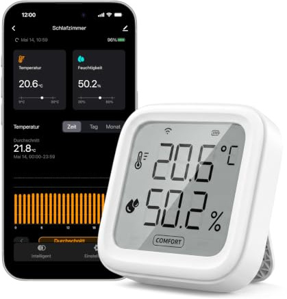 EZAIoT WLAN Thermo-Hygrometer Innen STH2W | 200m Reichweite, App-Benachrichtigung, Datenexport & Hoher Präzision, Raumklimamonitor für Babyzimmer, Weinkeller, Keller