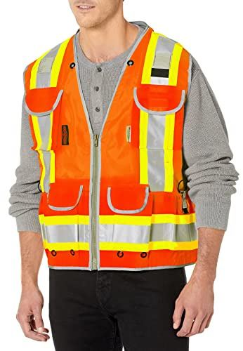 Radians SV55 Class 2 Heavy Woven Two Tone Engineer Vest with Padded Neck to Support Extra Weight in Cargo Pockets, Orange, Large