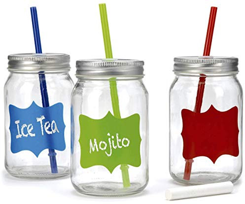 Set of 3 0.5Lt Cocktail Party Drinking Glass Jar Tumbler with Chalk, Lid & Straw by Excellent Houseware