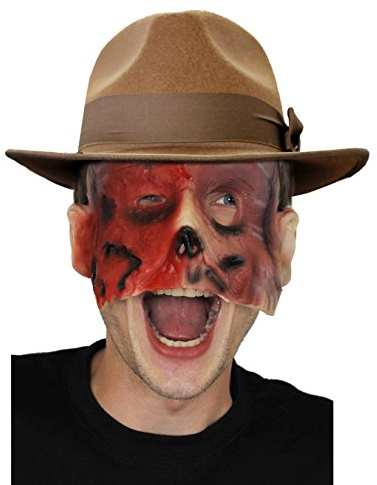 Halloween-Kostüm für Erwachsene, verbrannte Gesichtsmaske + brauner Fedora-Hut – Ulmen-Serien-Killer – 55 cm Hut (für kleinere Köpfe)