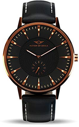 Nation of Souls Eclipse Collection Rose Gold and Black Men's 42mm Stainless Steel Case Wrist Watch with 20mm Leather Strap British Designed Watches