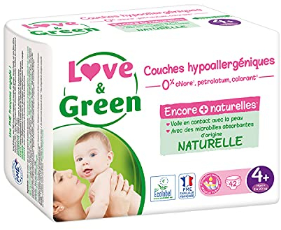Love & Green - Gesunde und ökologische Babywindeln — Größe 4+ (9-20 kg) — 1-Monatspackung (Packung mit 4 = 168 Windeln) — Saugfähig, auslaufsicher und frei von unerwünschten Inhaltsstoffen