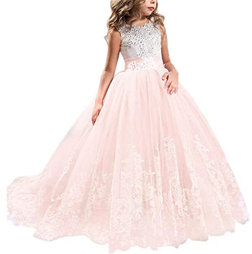 TTYAOVO Filles Sol Longueur Dentelle Princesse Mariage Robe Tulle Robe (Taille130) 6-7 Ans 406 Rose