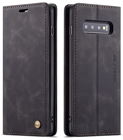QLTYPRI Case for Samsung Galaxy S10, Vintage PU Leather Wallet Case Card Slot Kickstand Magnetic Closure Shockproof Flip Folio Case Cover for Samsung Galaxy S10 - Black