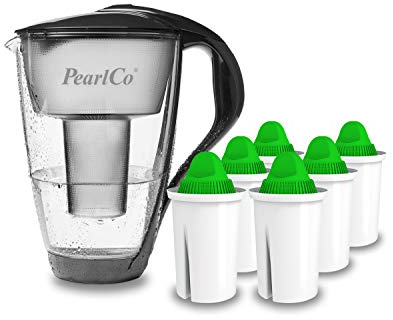 GLAS-Wasserfilter PearlCo (anthrazit) mit 6 Alkaline classic Filterkartuschen - Made in EU