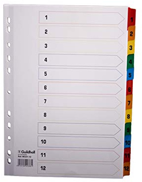 Exacompta Guildhall 12 Part Multi Coloured Dividers - A4-11 Punched Holes - MCD1-12