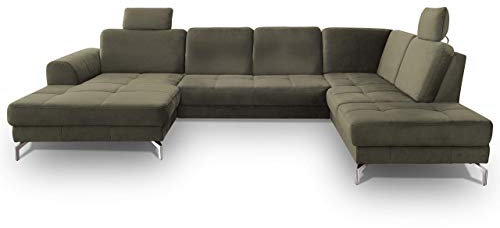 CAVADORE Wohnlandschaft Benda / Große Sofagarnitur mit XL-Longchair links & Federkern / Inkl. Sitztiefenverstellung & Kopfstützen / 332 x 87 x 226 / Samt: grün