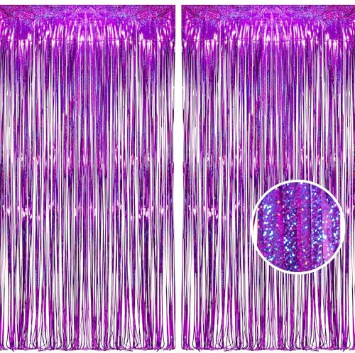 BRAVESHINE Purple Metallic Tinsel Curtains, Foil Fringe Shimmer Curtain Streamer Party for Mother's Day Purple Baby Shower Decorations Wedding Lilac Mermaid Theme Birthday Party (2Pack, 1x2.5m)